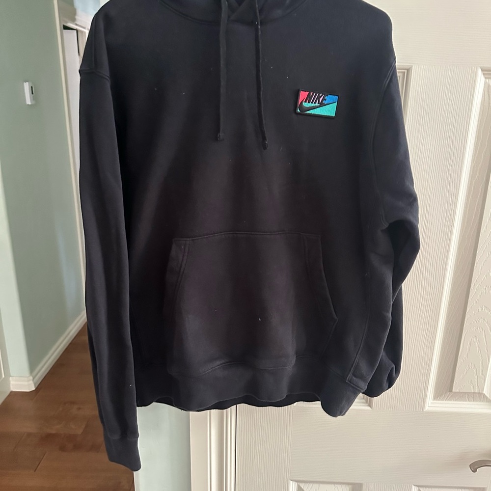 Nike Pullover Black Hoodie with Colorful Logo. Size Medium.
